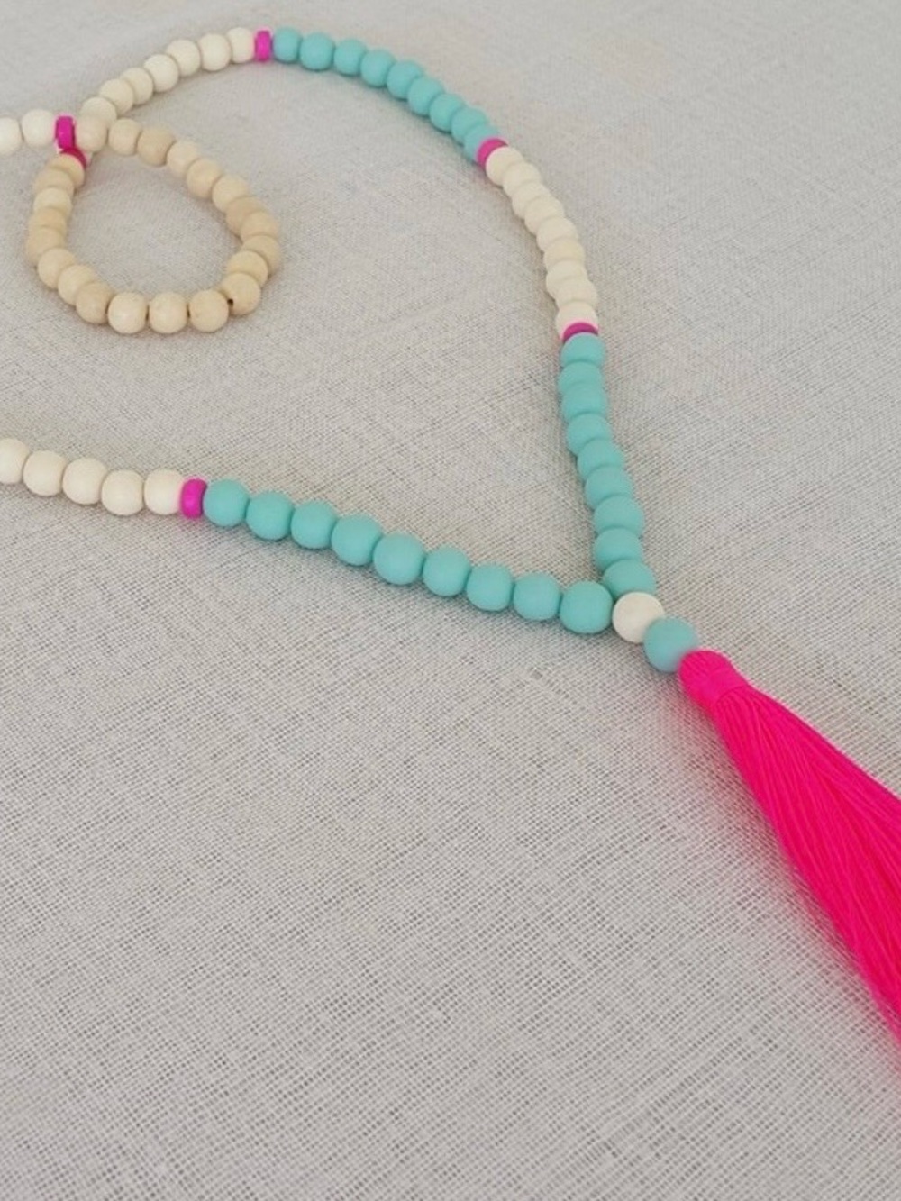 Long Boho beaded wooden bead tassel necklace - Hot Pink Tassel and Aqua Beads